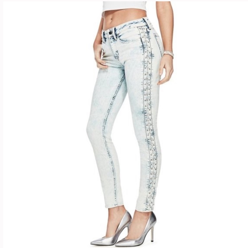 Guess corset mid rise skinny acid wash jeans 28